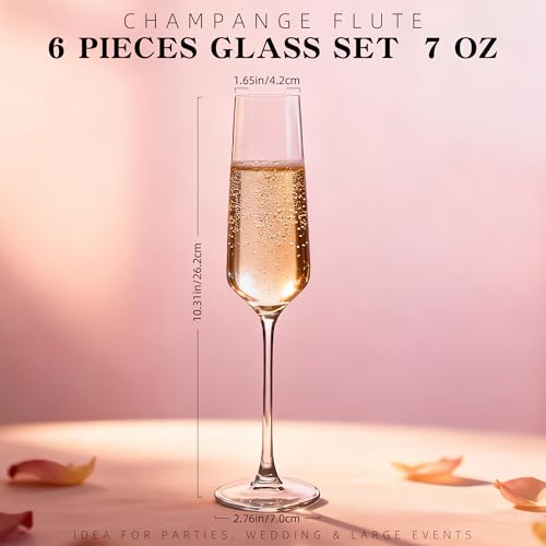 6 Pack Champagne Flutes - Elegant Stemware Champagne Glass Set for Weddings, Birthdays, Holidays - 7.5oz Crystal Clear, Dishwasher Safe, Ideal Gift Set (6)