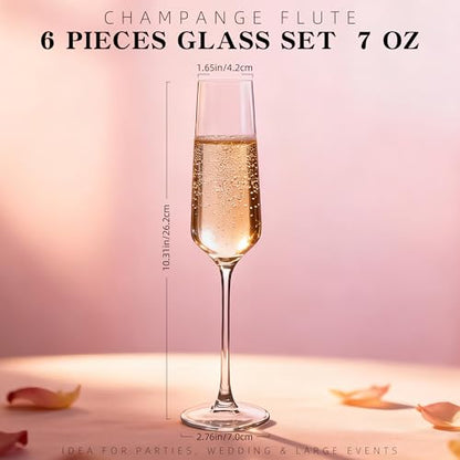 6 Pack Champagne Flutes - Elegant Stemware Champagne Glass Set for Weddings, Birthdays, Holidays - 7.5oz Crystal Clear, Dishwasher Safe, Ideal Gift Set (6)