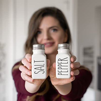 Farmhouse Ceramic Salt and Pepper Shakers Set with Extra Lids. 100% Stoneware Salt and Pepper Shaker Set. White Pepper and Salt Shaker with Lid x4. Kitchen Salt Pepper Shaker Set - color: White/White