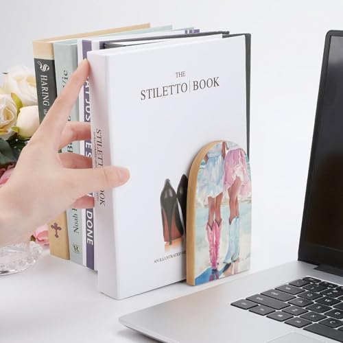 Two Women Dresses with Cowboy Boots Wooden Bookends Shelves 2 PCS Beach Preppy Sturdy Book Holders Desktop Organizer for Home Office Libraries - color: Color-1