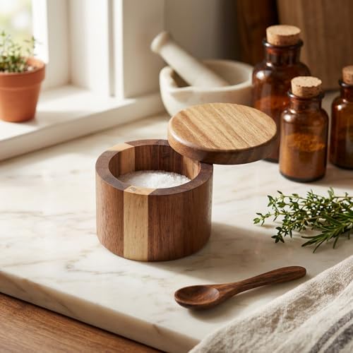 Grevosea Salt Cellar, Acacia Wood Salt Container with Swivel Magnetic Lid | Elegant Kitchen Salt Container Holder for Pepper Spice Bath Salt Sea SaltStorage 360° Rotating Countertop Box 6oz