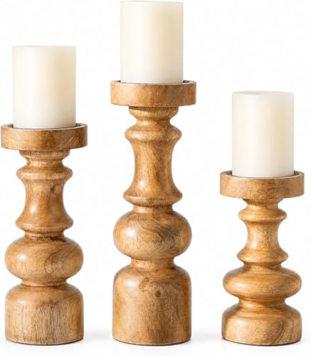 Natural Round Turned Candle Holders for Pillar Candles Set of 3 Vintage Style Mango Wood Candle Holder for Centerpiece for Dining, Living Room