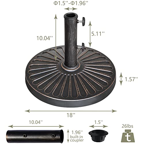 EliteShade USA 18" Patio Umbrella Base Stand, 30LBS Heavy Duty Cast Resin Rust-Free Outdoor Umbrella Holder with 2 Adjustable Knobs for Backyard, Deck, Lawn, Poolside Fits 1.5"-1.9" Poles, Bronze - color: Bronze