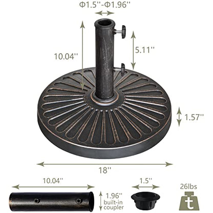 EliteShade USA 18" Patio Umbrella Base Stand, 30LBS Heavy Duty Cast Resin Rust-Free Outdoor Umbrella Holder with 2 Adjustable Knobs for Backyard, Deck, Lawn, Poolside Fits 1.5"-1.9" Poles, Bronze - color: Bronze