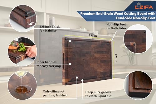 American Dark Walnut Wood Cutting Board 17"x12"x1.6" for Kitchen with Juice Groove, Inner Handles, Gift Box Packaging and End Grain Butcher Block Finished with Linseed Oil, Beeswax & Lemon Oil - size: 17 x 12 x 1.6 in