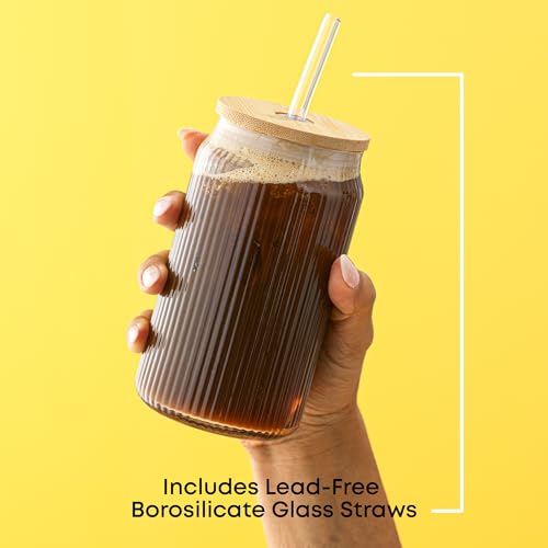 JoyJolt Fluted Glass Tumblers with Bamboo Lids and Glass Straws, Ribbed Can Shaped Drinking Glasses Set of 4, 16oz Cup with Lids and Straws, Iced Coffee Cups, Cocktail/Beer Glasses, Tea Cups - style: Clear Glasses