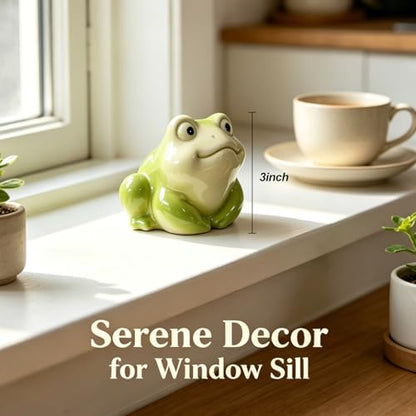 Cute Chubby Frog Statue Decor, 4.1 Inch Handcrafted Glazed Ceramic Figurine for Planter, Aquarium & Window Sill, Small Animal Ornament for Desk/Garden