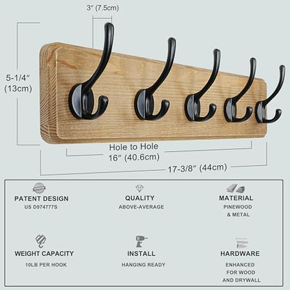 Wall Mounted Coat Rack: Patented, Heavy-Duty, 17.4" Long 5-Double-Hooks Wooden Hanger Rail for Winter Coats, Hats, Jackets, Clothing - Black, Pack of 2 - color: Black, size: L=17.4" (2pcs)