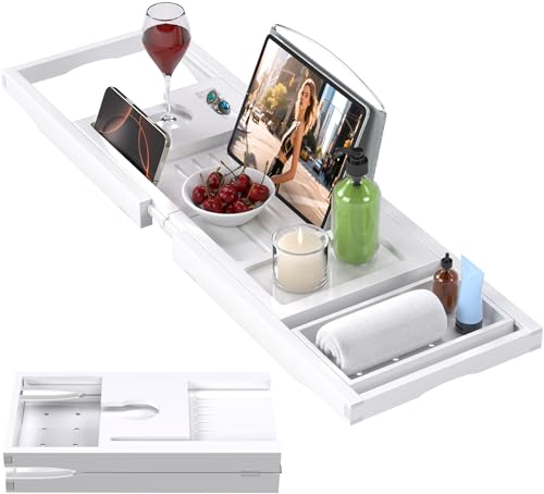 Bamboo Bathtub Tray Caddy, Foldable Bath Tray for Tub | Expandable Bath Table Trays, Bathtub & Bathroom Accessories for New Home/Mothers Day/Birthday Gifts for Couples, White - color: White