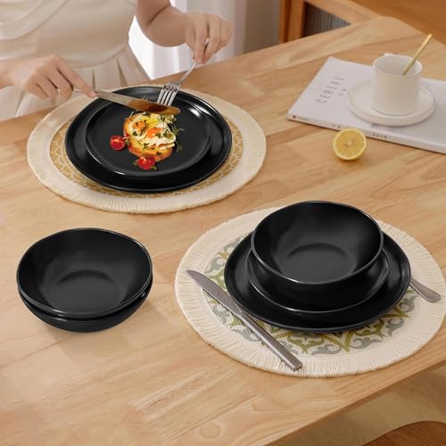Herogo Stoneware Dinnerware Sets for 8, 24 Piece Ceramic Dinner Dishes Set, Irregular Handmade Plates and Bowls Dishware, Crack and Scratch Resistant, Reactive Glaze, Matte Black - color: Matte Black, size: 8 Set (24pcs)