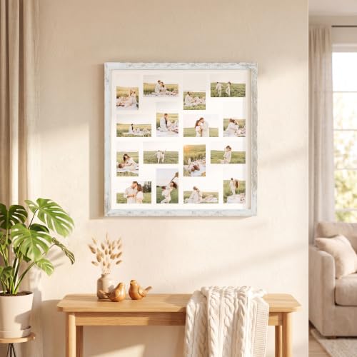 Hongkee 22x22 Frame 2 Pack, Fits 16 4x6 Photo with Mat- Real Glass Cover | Distressed White Wooden, Display Collage Sixteen 4x6 - Wall Mounting, fits Photos, Posters and Art - color: Distressed White, size: 22x22 in matted to 16-4x6