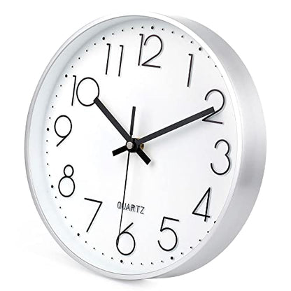10 Inch Silver Wall Clock Battery Operated Silent & Non-Ticking Wall Clock for Home Office Bathroom - color: Silver, size: 10 Inch