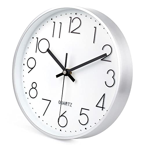 10 Inch Silver Wall Clock Battery Operated Silent & Non-Ticking Wall Clock for Home Office Bathroom - color: Silver, size: 10 Inch