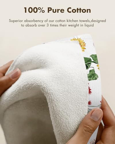 2pcs Cotton Waffle Kitchen Towels, Cat in Flowers | Waffle Weave, Terry Cloth, Pure Cotton, Sustainable, 16"x26", Highly Absorbent, with Hanging Loop, Giftable Package - color: Cat in Flowers