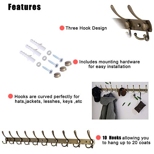 Coat Rack Wall Mount - 38” Long 10-Tri-Hooks Heavy Duty Coat Hanger Rail Wall Hooks for Hanging Coats Hats Clothing Clothes Purse Mudroom Entryway, Bronze - color: Bronze, size: L=38” (1 Pcs)