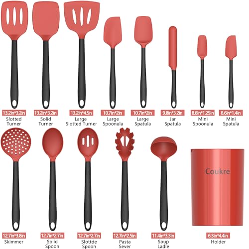 Coukre Silicone Kitchen Cooking Utensils Set, Heat Resistant, 14-Piece | Dishwasher-Safe, Food-Grade Silicone, BPA-Free, Spatulas, Spoons & Turner, Safe for Nonstick Cookware, Red - color: Red