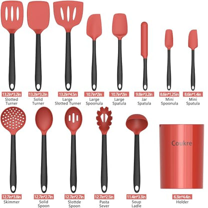 Coukre Silicone Kitchen Cooking Utensils Set, Heat Resistant, 14-Piece | Dishwasher-Safe, Food-Grade Silicone, BPA-Free, Spatulas, Spoons & Turner, Safe for Nonstick Cookware, Red - color: Red