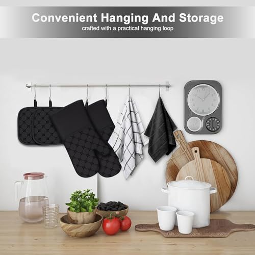 Oven Mitts Kitchen Towels Dishcloths with Pot Holders Sets 12PCS, Dish Towels Sets, Oven Gloves Pot Pads Heat Resistant 500 Degrees with Non-Slip Silicone Surface for Cooking Baking Grilling Black - color: Black