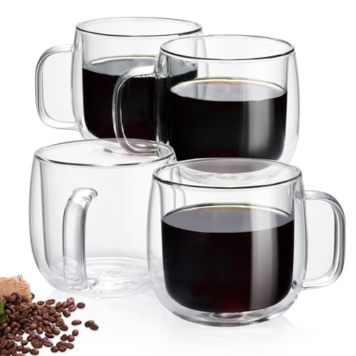 Unbreakable Double Walled Glass Coffee Mugs 10 fl oz, Borosilicate Glass, Insulated Coffee Mugs Set of 4, Microwave & Refrigerator Safe - size: 4 count