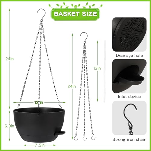 DANALLAN Hanging Planters for Indoor Plants, 2Pcs 12 Inch Self Watering Hanging Planter Basket Large Plastic Plant Holder with Removable 50 Oz Reservoir for Window Porch Garden Balcony