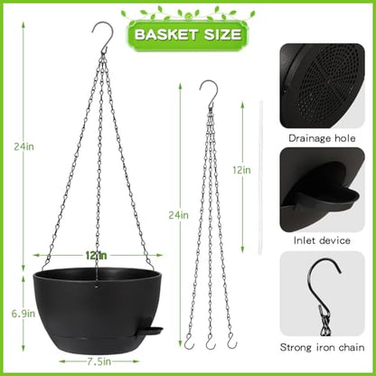 DANALLAN Hanging Planters for Indoor Plants, 2Pcs 12 Inch Self Watering Hanging Planter Basket Large Plastic Plant Holder with Removable 50 Oz Reservoir for Window Porch Garden Balcony