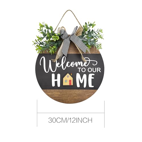 Interchangeable Seasonal Round Wood WELCOME TO OUR HOME Sign for Front Door,Rustic Hanging Wood Wreaths Sign,Farmhouse Porch Fence Welcome Wreaths Decorations.(12inch)