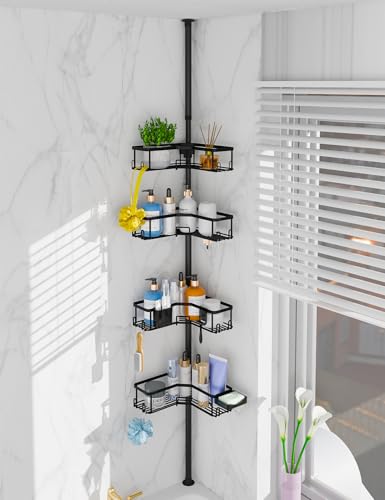LEEDA Corner Shower Caddy Tension Pole, 4-Tier Adjustable Floor to Ceiling Bathroom Organizer， No-Drill Stand Storage Rack with Soap/Toothbrush Holder for Renters - 34-125 In Black