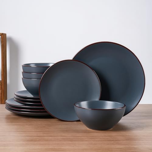 Famiware Venus Plates and Bowls Sets with Rim, 12pc Ceramic Dish Set for 4 | Matte Charcoal, Stoneware Speckled Dinnerware, Chip Resistant, Microwave & Dishwasher Safe, Modern Minimalist, Everyday Use - color: Charcoal, size: Serves 4 (12pc)