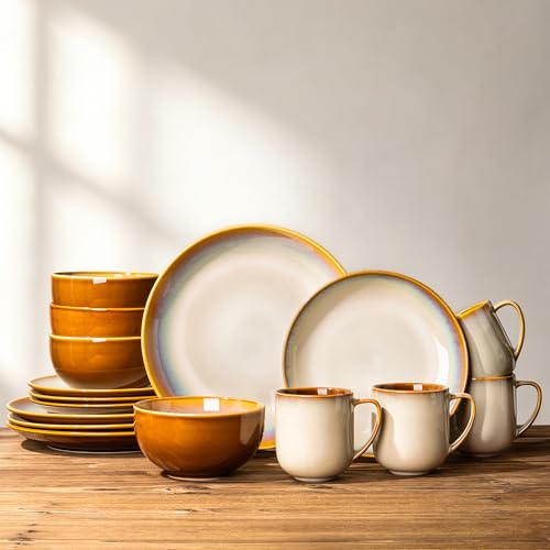 LERATIO Ceramic Dinnerware Sets for 4,16Pcs Stoneware Plates and Bowls Set | Handmade Reactive Glaze Ceramic Dishes Set,Oven & Microwave,Dishwasher Safe,Scratch Resistant-Khkai - color: Dreamy Moonlight-Kahki, size: Service for 4-16pcs