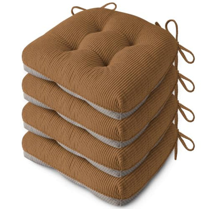 Anti Slip Kitchen Chair Cushions Set of 4 18"X16.5"X3" Khaki | Elegant Breathable Textured Fabric, with Ties, Tufted, Thick Polyester Filling, for Dining Chairs, Folding Chairs, Office - color: Khaki