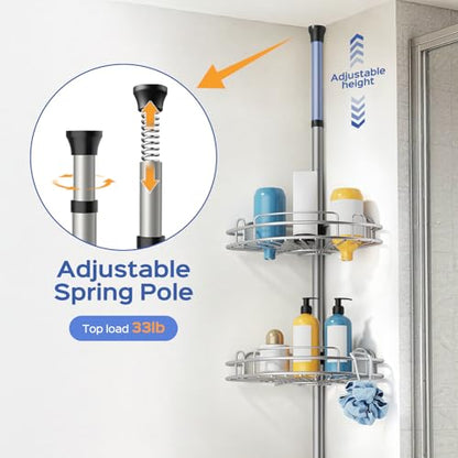 HAMITOR Shower Caddy Tension Pole: 4-Tier Corner Rustproof Bathroom Organizer - No-Drill Adjustable Shower Shelf for Renters - Floor to Ceiling Family Apartment Storage Rack - 47-121 Inch Silver Gray