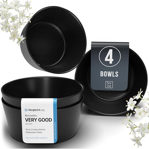 PURE LIVING INTERIOR DESIGN Stoneware Cereal Bowls Set of 4, 26.7 oz Scratch Resistant Ceramic Soup Bowl - color: Matte Black, size: Set (4pcs)