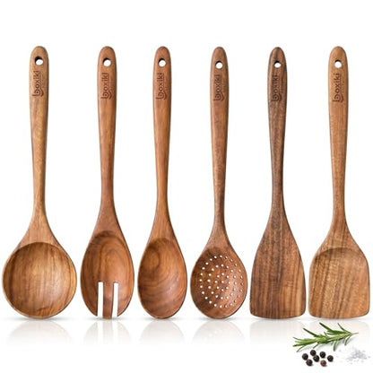 Luxury Teak Wood Utensil Set - Elegant 6-Piece Cooking Ensemble Including Spoons, Server, Scraper & Spatula - Expertly Crafted for Culinary Excellence - color: Luxury Teak Set