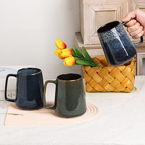 Large Ceramics Coffee Mugs,24 OZ,with Spoon and Wooden Lid,for Coffee,Tea,Large Handle Design,Microwave and Dishwasher Safe(Color:24 oz star blue set) - color: 24 oz star blue set