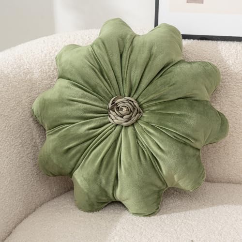 Flower Pillow Cushion Round Decorative Throw Pillows 15.7 Inch Velvet Flower Shaped Pillow Floral Cushion for Sofa, Couch, Vanity Chair, Bed (Green) - color: Green
