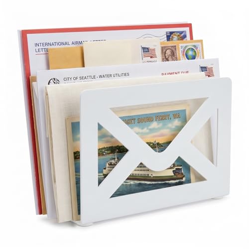 MyGift White Metal Desktop Mail Holder with Cutout Envelope Design Home and Office Desk Letter Organizer - color: White