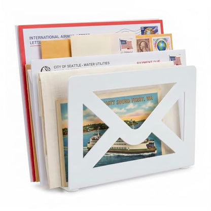 MyGift White Metal Desktop Mail Holder with Cutout Envelope Design Home and Office Desk Letter Organizer - color: White