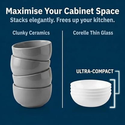Corelle 4-Pc Meal Bowls Set Service for 4, Durable and Eco-Friendly 9-1/4-Inch Glass Bowls, Compact Stack Bowl Set, Microwave and Dishwasher Safe, White, 46 Ounces - size: 46oz Meal Bowls