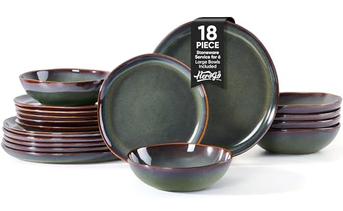 Herogo 18PCS Dinnerware Sets for 6, Stoneware Plates and Bowls Dish Set, Irregular Handmade Dinner Ware Dishware for Kitchen Dinning, Microwave & Dishwasher Safe, Lichen Green - color: Lichen Green, size: 6 Set (18pcs)