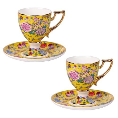 KAMMAK Tea Cup and Saucer, Ceramic Coffee Cups, 7 oz, Set of 2 | Porcelain Tea Cups with Saucers for Coffee and Cappuccino, Ideal for Breakfast, Afternoon Tea and Entertaining,622N - style: 622N