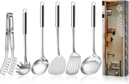 Pleafind Stainless Steel Cooking Utensils Set, 6 Pcs Heat Resistant Kitchen Utensils Set, Nonstick Kitchen Tools for Cooking, Baking, Metal Spatula Set for Chef, Dishwasher Safe - color: 6P-Silver