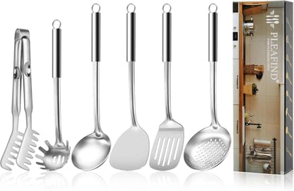 Pleafind Stainless Steel Cooking Utensils Set, 6 Pcs Heat Resistant Kitchen Utensils Set, Nonstick Kitchen Tools for Cooking, Baking, Metal Spatula Set for Chef, Dishwasher Safe - color: 6P-Silver