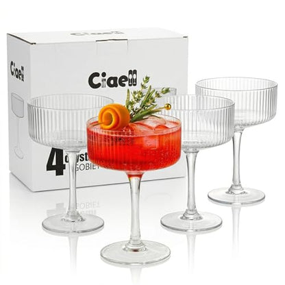 Ciaell 4 Piece Coupe Glasses for Bars Parties | 10 oz Ribbed Vintage Cocktail Glasses, Martini Wine Espresso Service, Gift and Drink Service