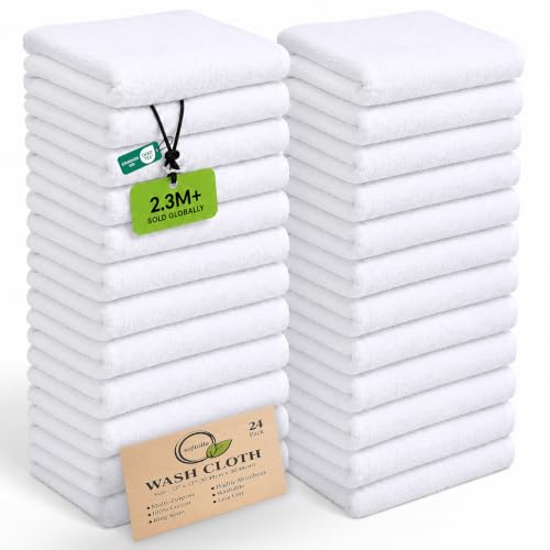 100% Cotton Washcloths 24 Pack (12x12 Inches) Soft, Highly Absorbent Washcloth, Face Towels, Wash Cloths for Face, Ring Spun, Bulk Pack (White) - color: White, size: 24 Pack