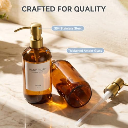 Kitchen Soap Dispenser Set, 2 Pack 16oz Amber Glass Dish Soap and Hand Soap Dispenser with Gold Stainless Steel Pumps, Quick Dry Tray, Dish Brush & Holder, Refillable Soap Dispenser for Kitchen Sink