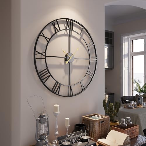 Cuspin 36 Inch Extra Large Wall Clock, Black Metal Roman Numeral Wall Clock, Silent Non Ticking Battery Operated Decorative Round Wall Clock for Living Room, Entryway, Dining Room, Office - color: Black Roman Number, size: 36 Inch