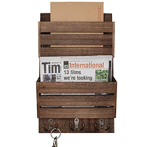 Unistyle Mail Organizer with 4 Hooks, Rustic Brown Wall Mount, Cedar Wood Key Holder for Letters, Magazines, Keys, Dog Leashes - color: Brown