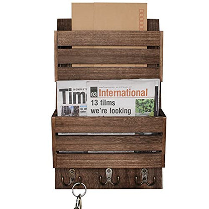 Unistyle Mail Organizer with 4 Hooks, Rustic Brown Wall Mount, Cedar Wood Key Holder for Letters, Magazines, Keys, Dog Leashes - color: Brown