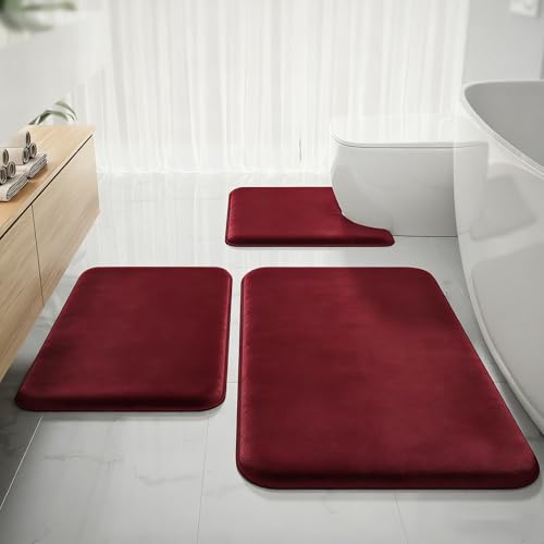 RUN HELIX Bathroom Rugs Sets 3 Piece, Soft Absorbent Memory Foam Bath Mats Set, Dry Fast Bath Mat, Machine Washable Bath Rug Set for Bathroom （Maroon） - color: Maroon