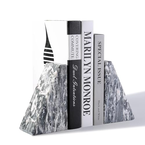 Marble Bookends for Shelves, Large Bookends for Heavy Books, Natural Stone Book Stopper for Books CD Movies, Aesthetic Decorative Book Ends (Grey) - color: Gray
